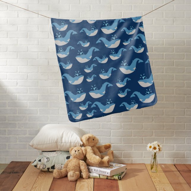 Deep Blue Ocean Whale Pattern Baby Blanket (In Situ)