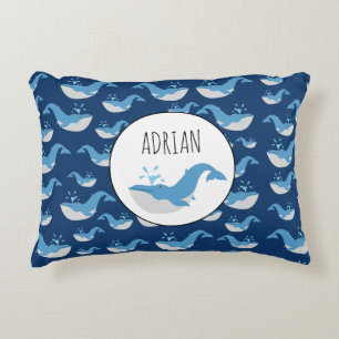 Deep Blue Ocean Whale Pattern Custom Name Accent Pillow