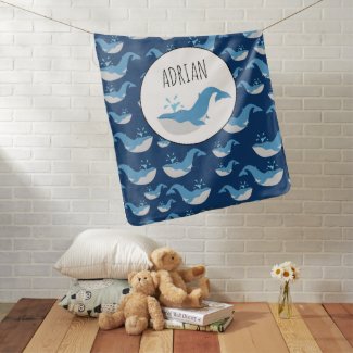 Deep Blue Ocean Whale Pattern Custom Name Baby Blanket