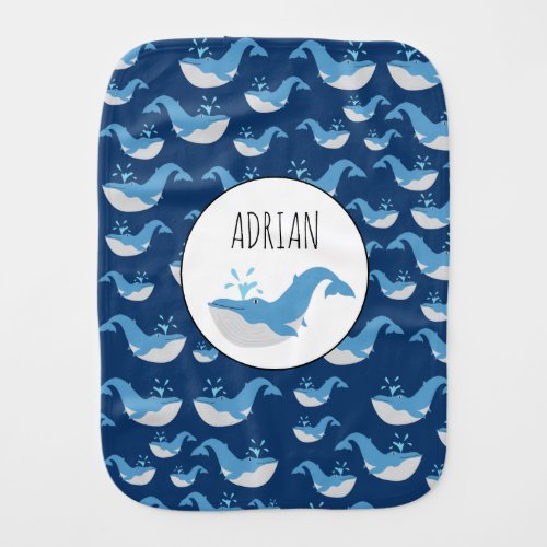 Deep Blue Ocean Whale Pattern Custom Name Baby Burp Cloth