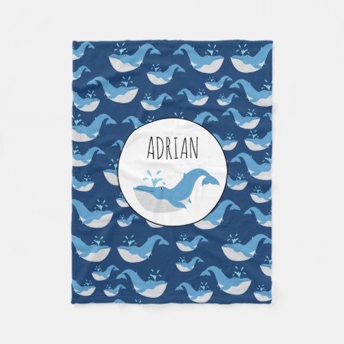 Deep Blue Ocean Whale Pattern Custom Name Fleece Blanket