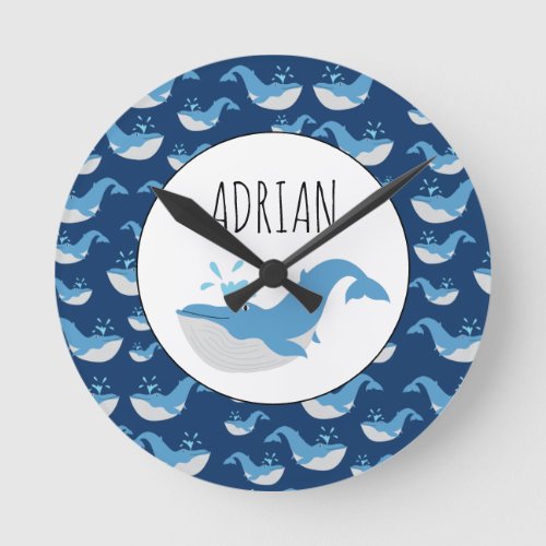 Deep Blue Ocean Whale Pattern Custom Name Nursery Round Clock