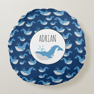 Deep Blue Ocean Whale Pattern Custom Name Round Pillow