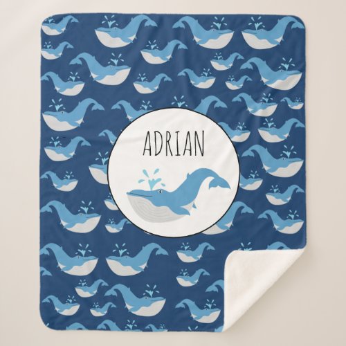 Deep Blue Ocean Whale Pattern Custom Name Sherpa Blanket