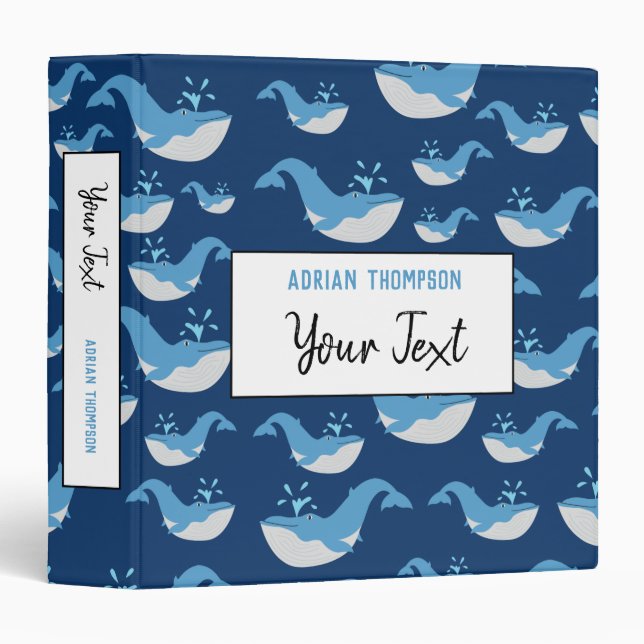 Deep Blue Ocean Whale Pattern School 3 Ring Binder (Front/Spine)