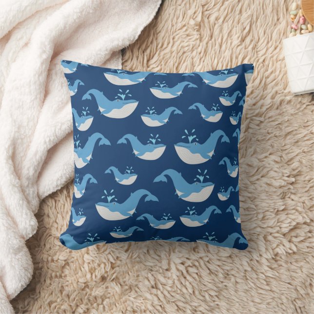 Deep Blue Ocean Whale Pattern Throw Pillow (Blanket)