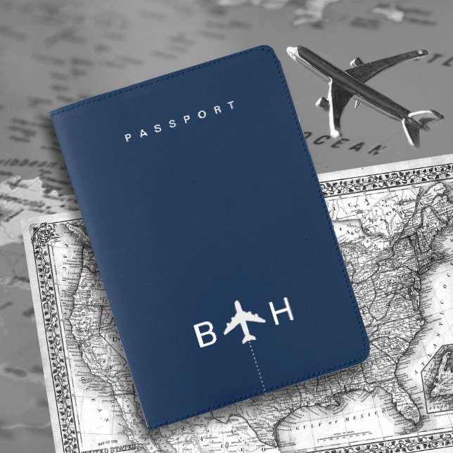 Deep Blue Passport with Modern Airplane Monogram Passport Holder (Creator Uploaded)