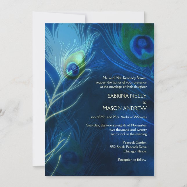 Deep Blue Peacock Feathers Modern Wedding Invitation (Front)
