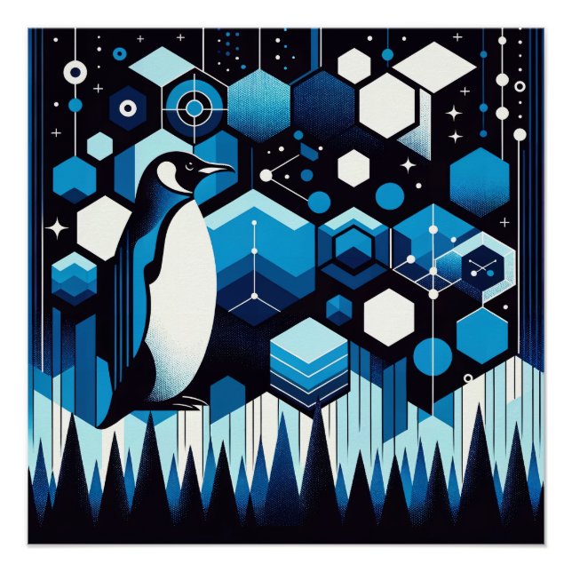 Deep Blue Penguin In Winter Antarctic Forest Poster (Front)