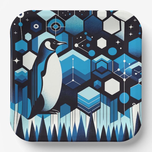 Deep Blue Penguin In Winter Antarctic Sky Pattern  Paper Plates (Front)