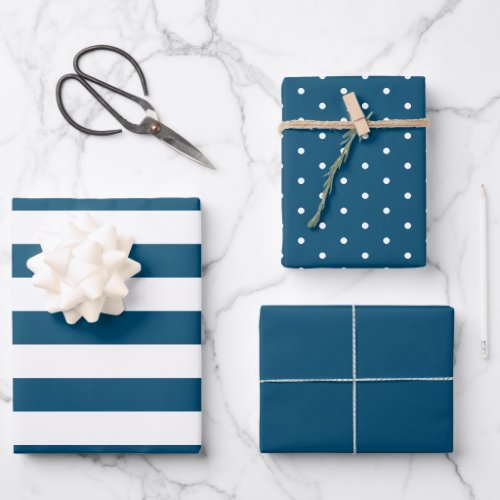 Deep Blue Polka Dot Wide Striped and Solid Wrapping Paper Sheets