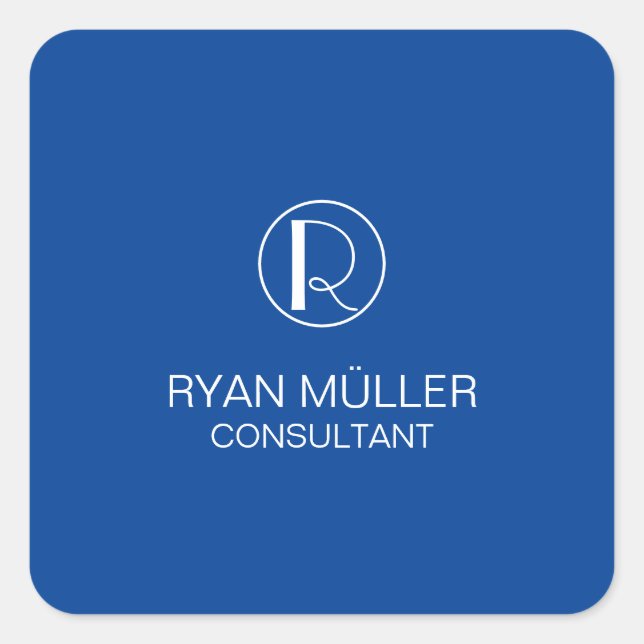 Deep Blue Professional Elegant Plain Monogram Square Sticker (Front)