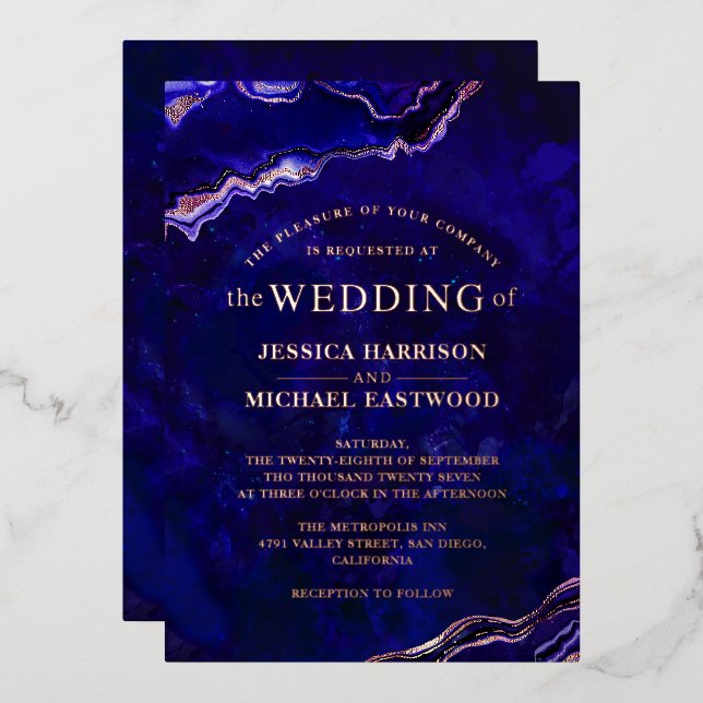 Deep Blue Purple Geode Rose Gold Agate Modern Foil Invitation (Front/Back)