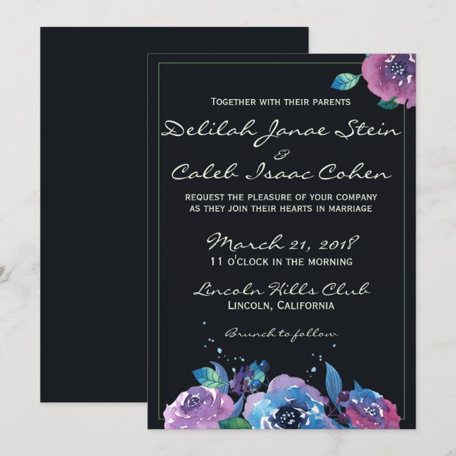 Deep Blue Purple Moody Twilight Floral Wedding Invitation (Front/Back)