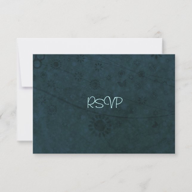 Deep Blue Retro Flowers and Butterflies Abstract RSVP Card (Front)