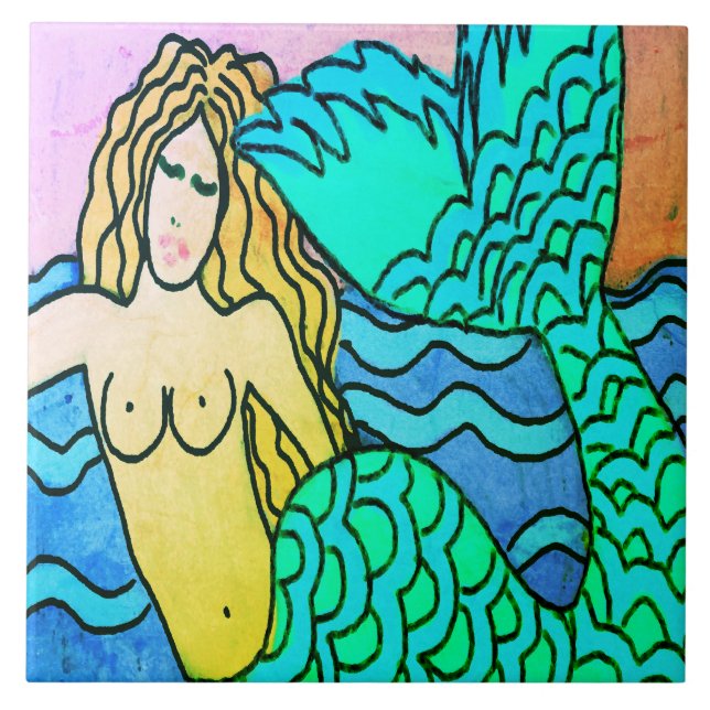 Deep Blue Sea Abstract Mermaid Painting Ceramic Tile (Front)