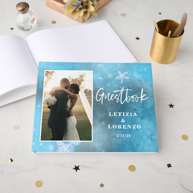 Deep Blue Sea Star Wedding Guest Book (Front Open)