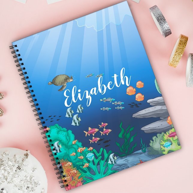 Deep Blue seabed with colorful fish, turtle Spiral Notebook (Creator Uploaded)