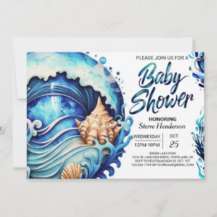 Deep Blue Seashells Coastal Baby Shower Invitation