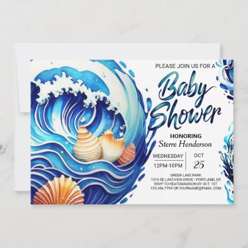 Deep Blue Seaside Baby Shower Invitation