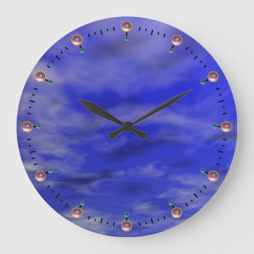 DEEP BLUE SKY AND CLOUDS WITH PINK GEMSTONES LARGE CLOCK