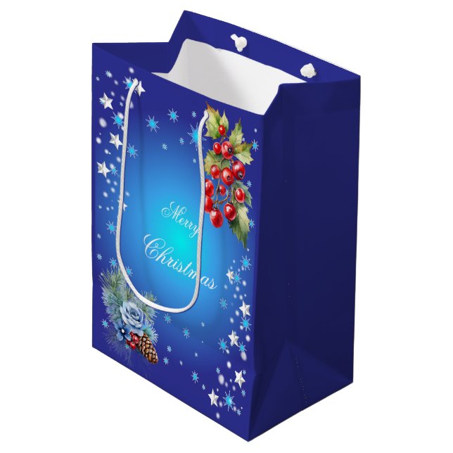 Deep Blue Stars and Red Berries Merry Christmas Medium Gift Bag (Front Angled)