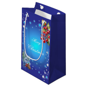 Deep Blue Stars and Red Berries Merry Christmas Small Gift Bag
