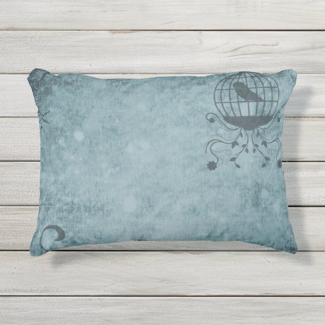 Deep Blue Steampunk Bird Cage Outdoor Pillow (Front)