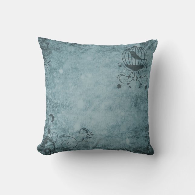 Deep Blue Steampunk Bird Cage Pillow 16" x 16" (Front)