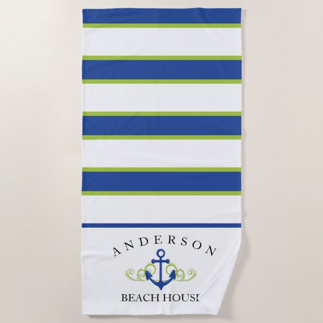 Deep Blue Stripe personalized Beach House Beach Towel (Front)