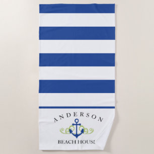 Deep Blue Stripe personalized Beach House Towel