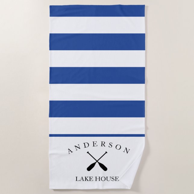 Deep Blue Stripe Personalized Lake House Beach Towel (Front)