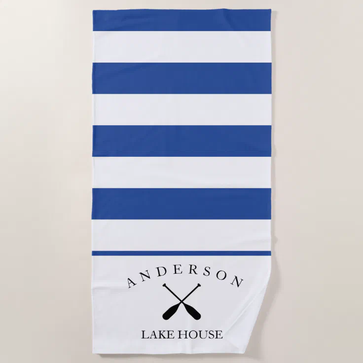 Deep Blue Stripe Personalized Lake House Beach Towel | Zazzle