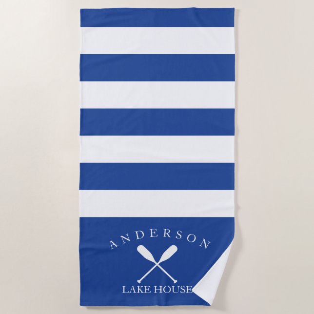 Deep Blue Stripe Personalized Lake House Beach Towel (Front)