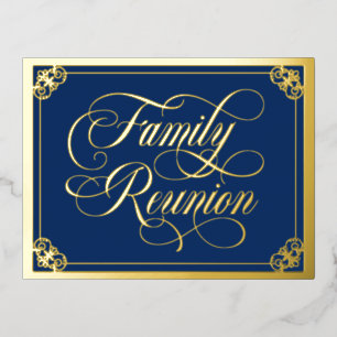 Deep Blue Swirly Ornate Family Reunion Gold Foil Invitation Postcard