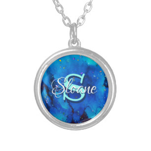 Deep Blue Underwater Alcohol Ink Painting Silver Plated Necklace