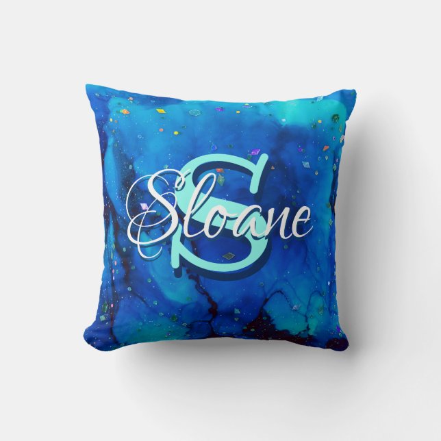 Deep Blue Underwater Alcohol Ink Throw Pillow (Front)