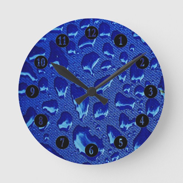 Deep Blue Water Droplets Round Clock (Front)