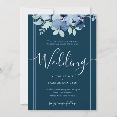 Deep blue watercolor floral elegant wedding invitation