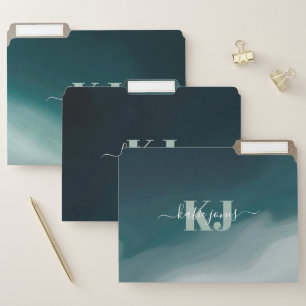 Deep Blue Watercolor Ocean Beach   Monogram File Folder