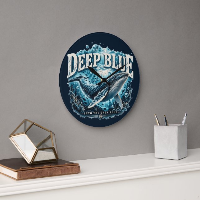 DEEP BLUE Whale Ocean Adventure  Large Clock (Office)
