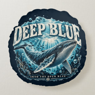 DEEP BLUE Whale Ocean Adventure Round Pillow