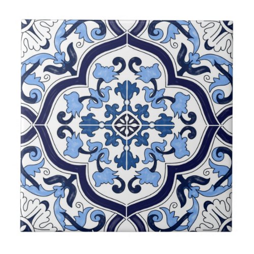 Deep Blue White Floral Sicilian Majolica Mosaic Ceramic Tile