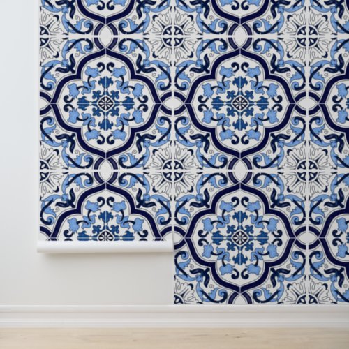 Deep Blue White Floral Sicilian Majolica Tile Wallpaper