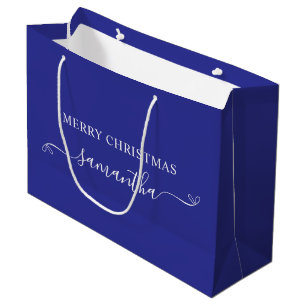 Deep Blue White Merry Christmas Bow Signature Name Large Gift Bag