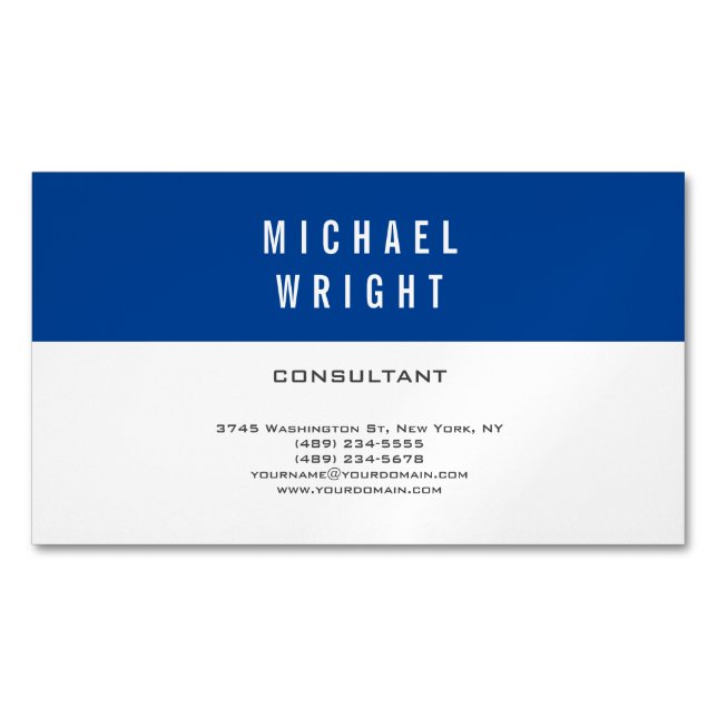 Deep Blue White Modern Plain Simple Minimalist Business Card Magnet (Front)