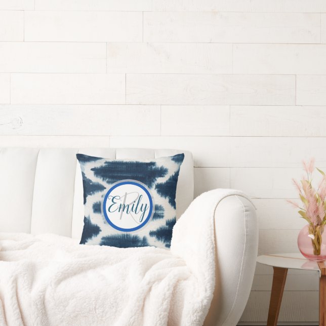 Deep Blue & White Shibori Tie Dye Monogram Name Throw Pillow (Couch)