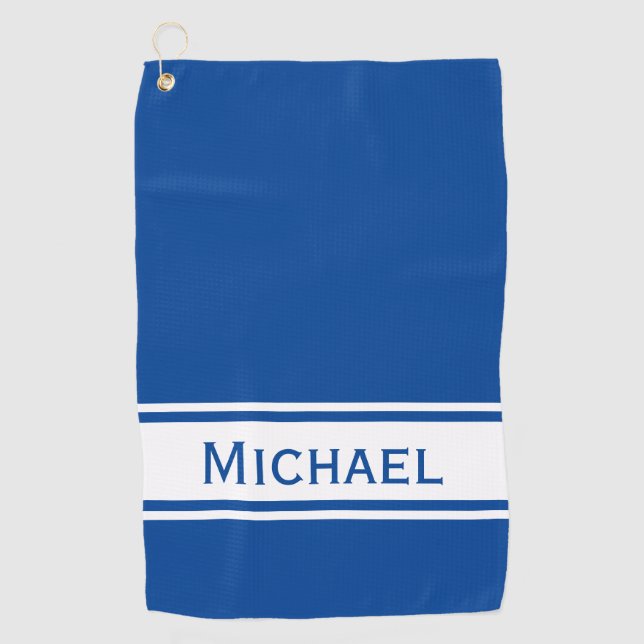 Deep Blue White Stripe Modern Name Monogram Golf Towel (Front)