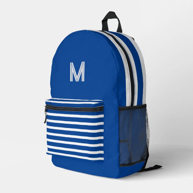  Deep blue&white  stripes  -monogrammed Printed Backpack (Back Corner Right)