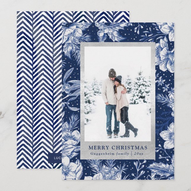 Deep Blue Winter Christmas Photo card (Front/Back)